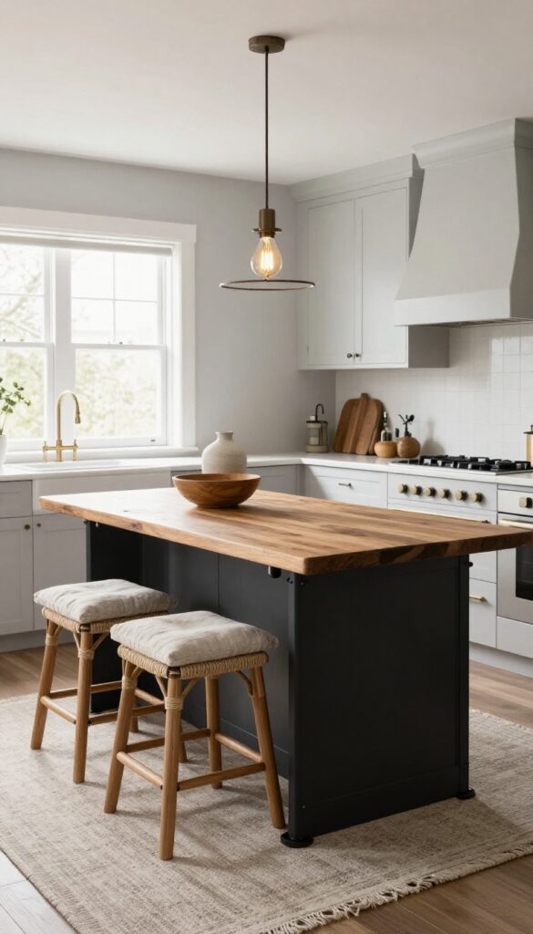 Kitchen island with black iron pipe legs, reclaimed wood top, woven barstools, and a metal pendant light in a bright, airy kitchen