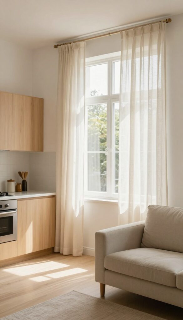 Small open kitchen and living room with layered sheer curtains in warm ivory, letting in soft natural light