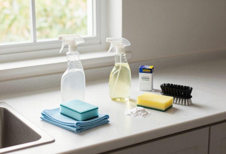 Kitchen cleaning supplies arranged on a clean countertop
