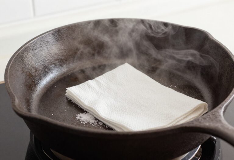 Cleaning a cast iron skillet with salt and paper towel