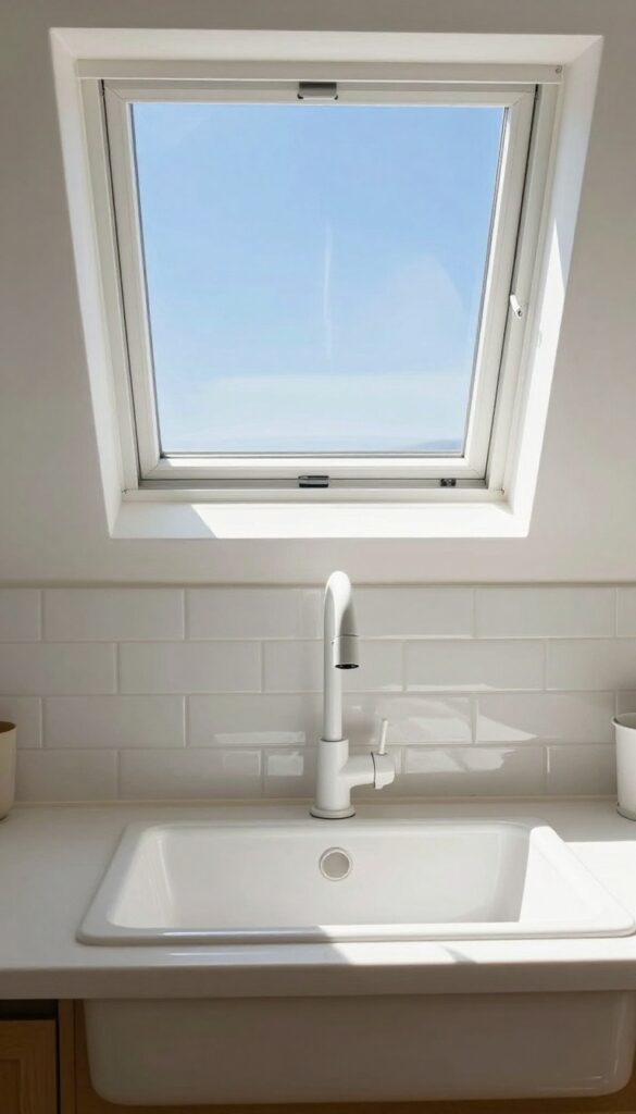 Bright kitchen with a fixed skylight over the sink, white frame, blue sky visible, white faucet and subway tile, clean and airy atmosphere