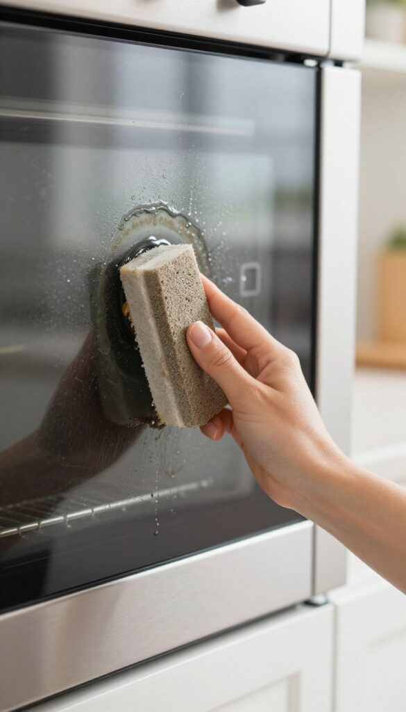 Hand using a wet pumice stone to clean burnt grease off an oven glass door