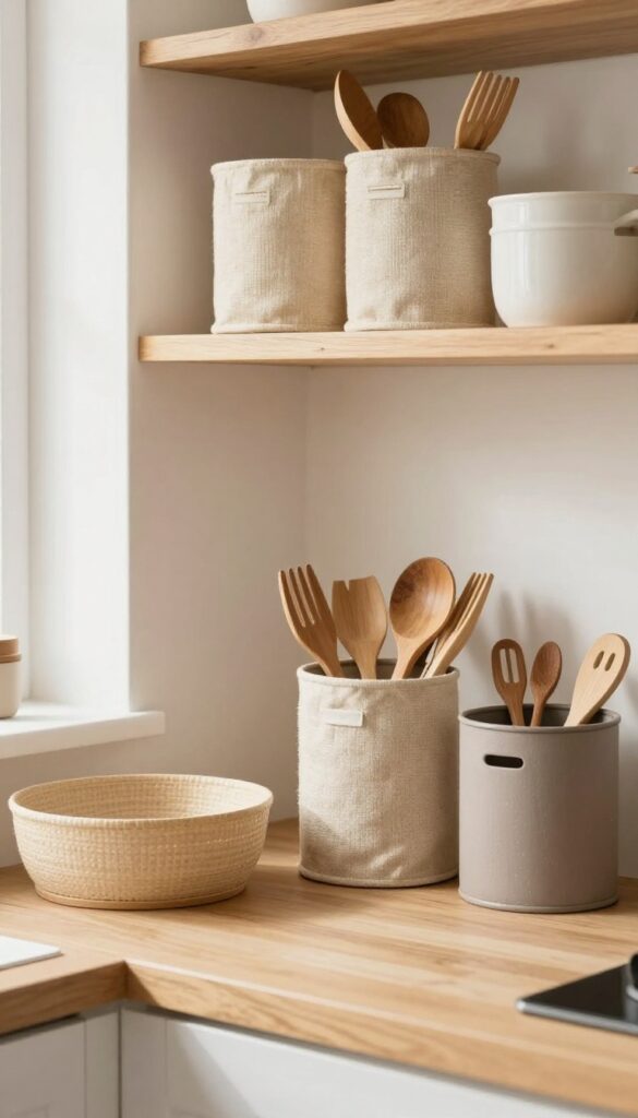 Open kitchen shelves with seagrass and linen bins organizing snacks and utensils in a warm, cozy setting.