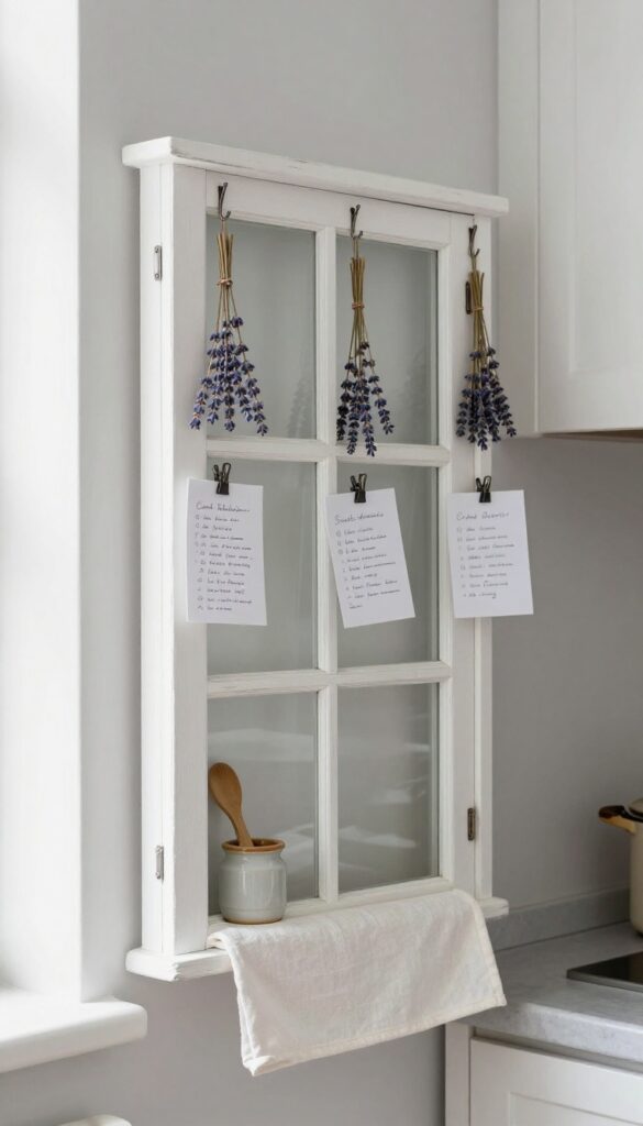 Repurposed wooden window frame as a wall organizer in a light and airy kitchen, with dried lavender, recipe card, and tea towel hanging from hooks.