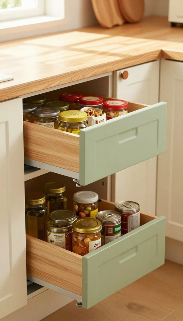 Slim pull-out pantry drawer between fridge and wall, filled with organized jars and baskets, soft sage green paint, warm natural light, cozy kitchen corner.