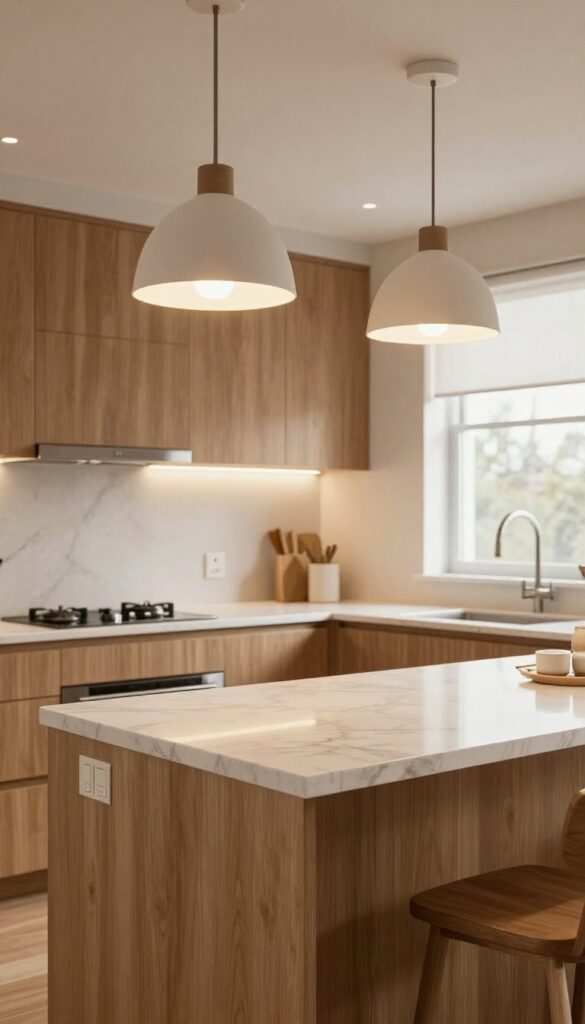 Elegant kitchen with layered lighting: pendant lights over island, under-cabinet task lights, warm ambiance.