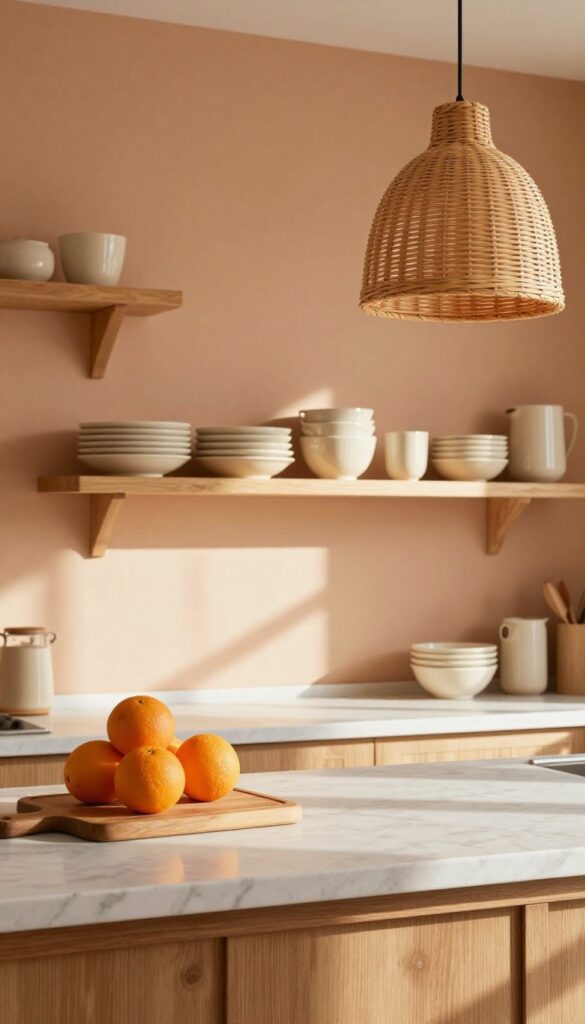Kitchen with terracotta accent wall, wood shelves, and cream dishes