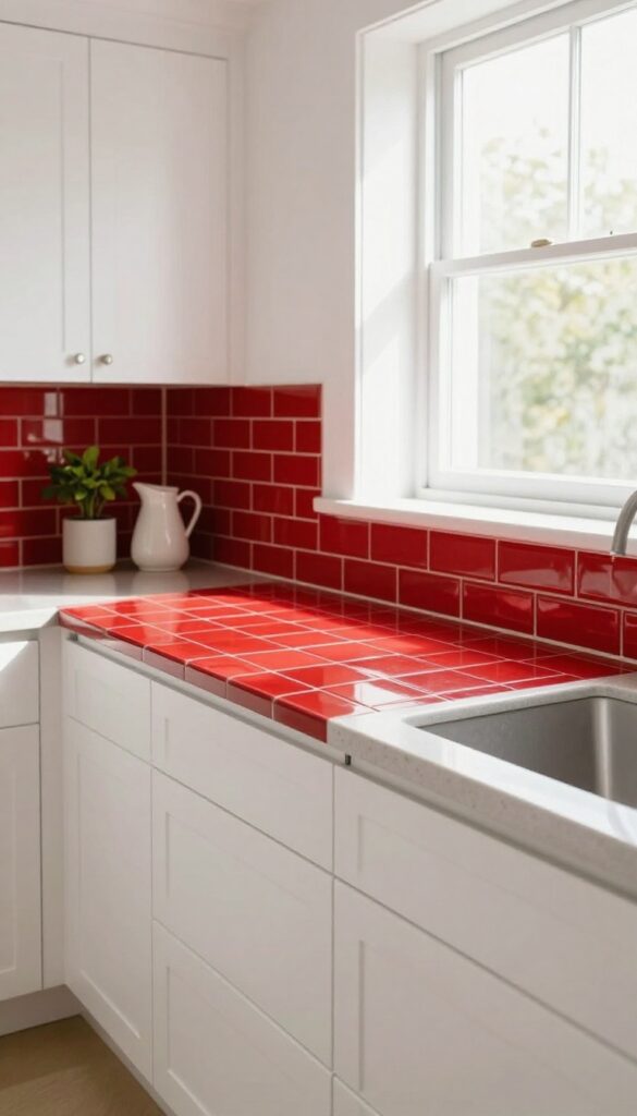 Bright kitchen with white cabinets and a glossy red subway tile backsplash