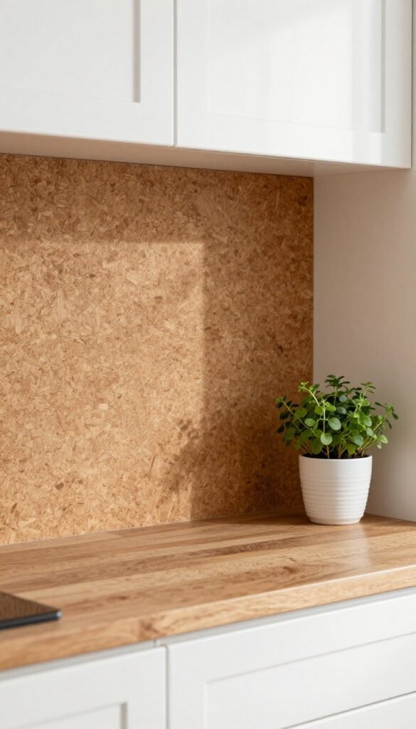 Close-up of a honey-toned cork sheet backsplash in a small kitchen with white cabinets and butcher-block countertop, natural light, clean and cozy.