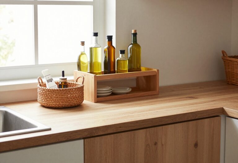 Warm kitchen counter with organized oil bottles in a wooden tiered caddy and labeled dispensers on a tray.
