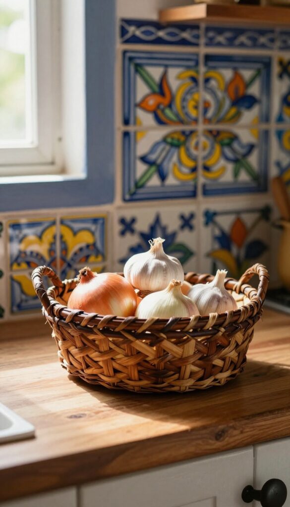 A woven palm leaf basket filled with onions and garlic on a wooden countertop, with a colorful Talavera tile backsplash in the background.
