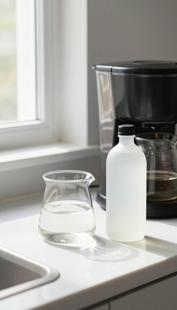 Close-up of a coffee maker being descaled with vinegar on a bright kitchen counter.