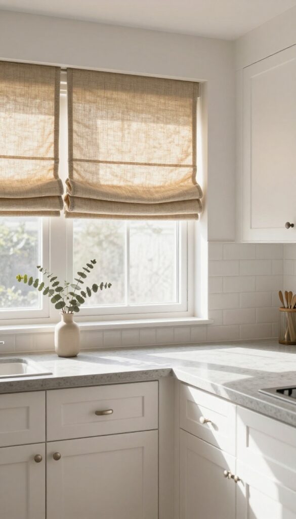 White and grey kitchen with linen Roman shade at window, soft natural light, cozy modern decor