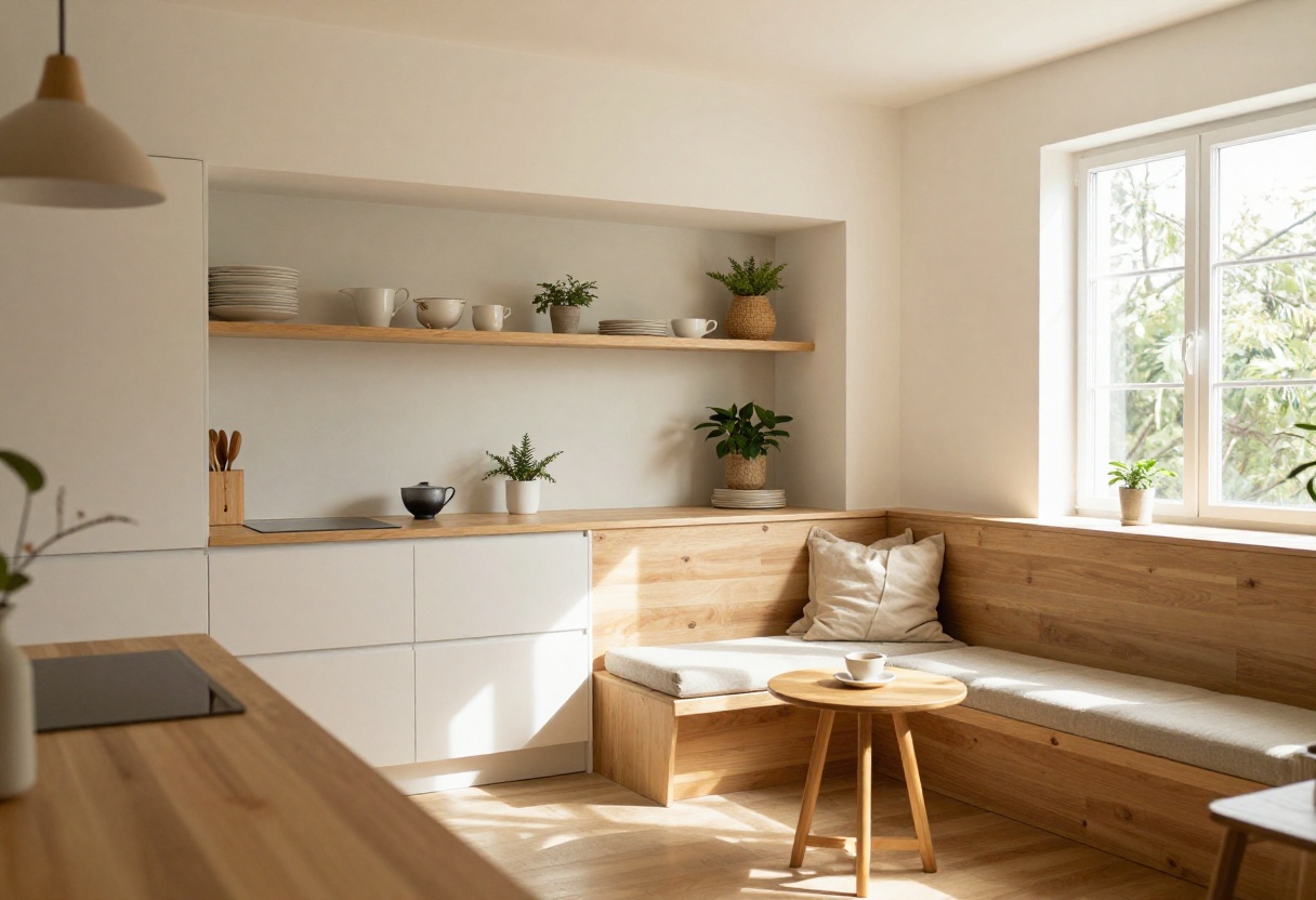 Cozy kitchen alcove with built-in bench and table, warm lighting, and natural decor