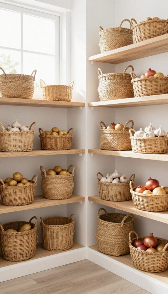Woven baskets filled with potatoes, onions, and garlic on the floor and lower shelves of a bright farmhouse pantry