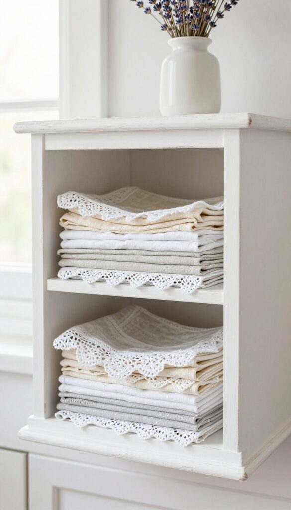 Open cubby unit filled with folded linen napkins, lace doilies, and cotton dish towels in a shabby chic kitchen