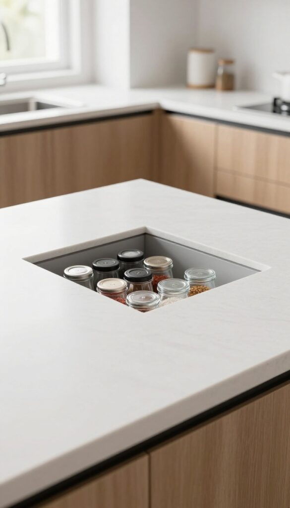 Modern kitchen island with a hidden spice rack cutout in a solid surface countertop, sliding cover partially open revealing spice jars.