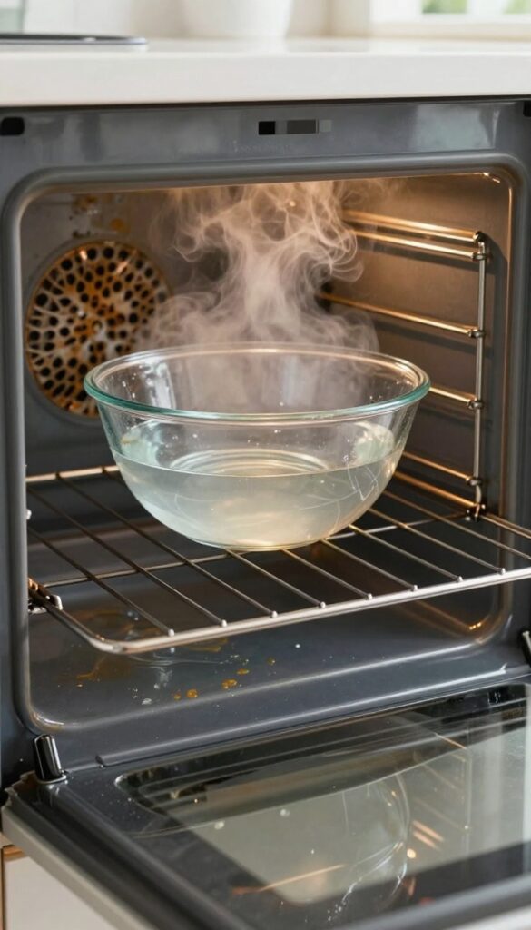 Steam cleaning oven with a bowl of water