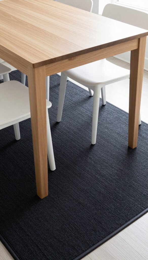Dark charcoal rug under a light wood dining table in a small kitchen, creating contrast and grounding the space.