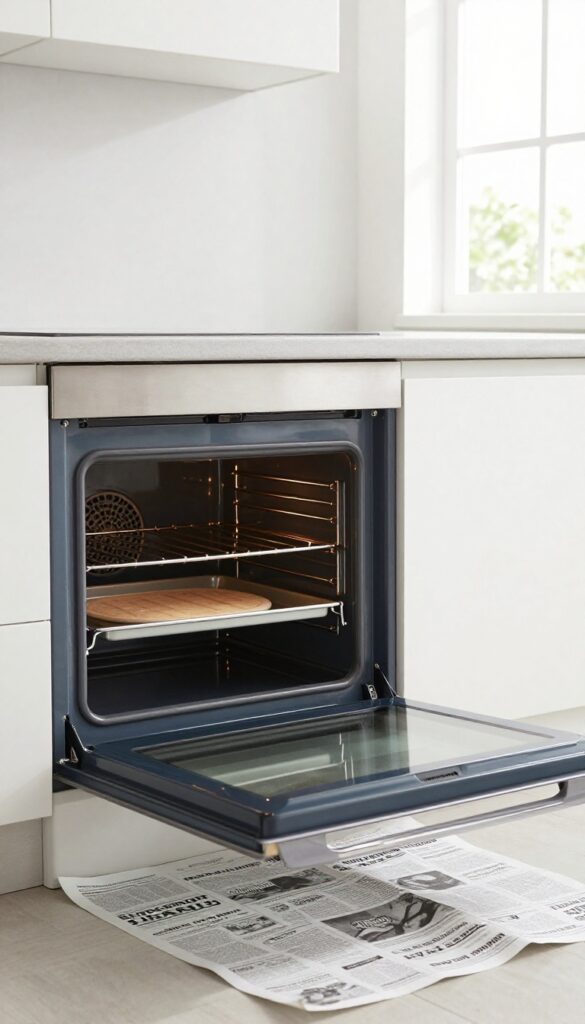 Oven with door open, racks and pizza stone removed, floor protected with newspaper