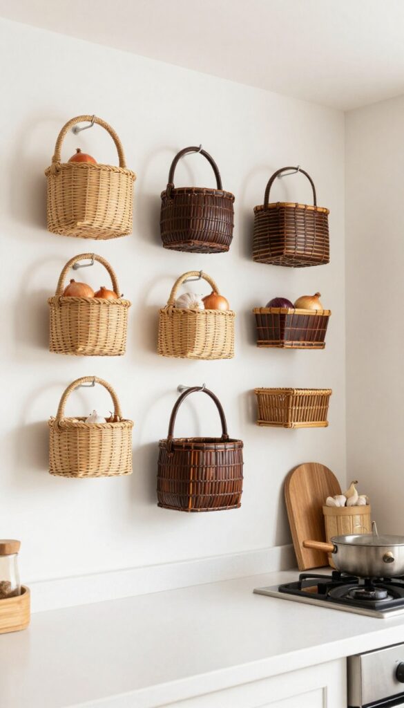 A kitchen wall with woven baskets hung on a peg rail, holding onions and garlic, with natural light and a warm, organized look.