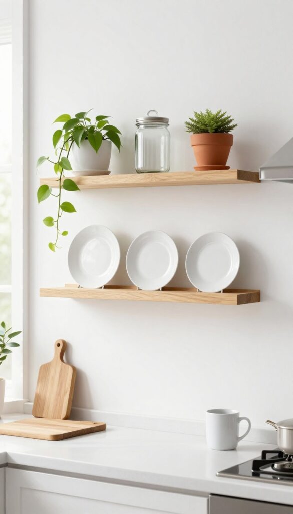Open shelving with warm wood tones in a bright kitchen