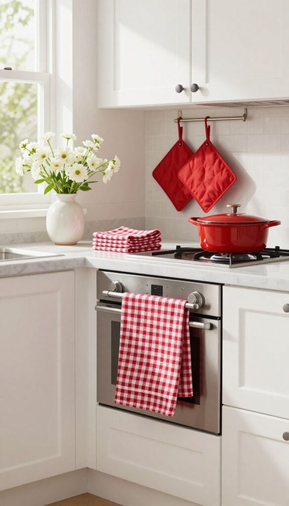 Red gingham dish towel hanging on a bar in a bright white kitchen with red pot holder on counter.