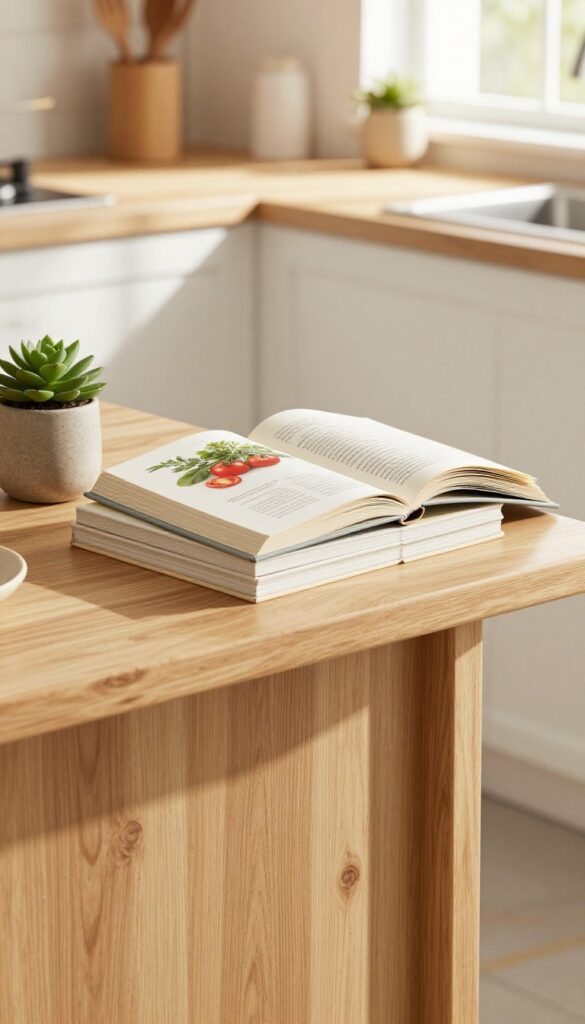 A styled cookbook shelf on the end of a kitchen island with an open cookbook, succulent, and utensil holder in natural light.