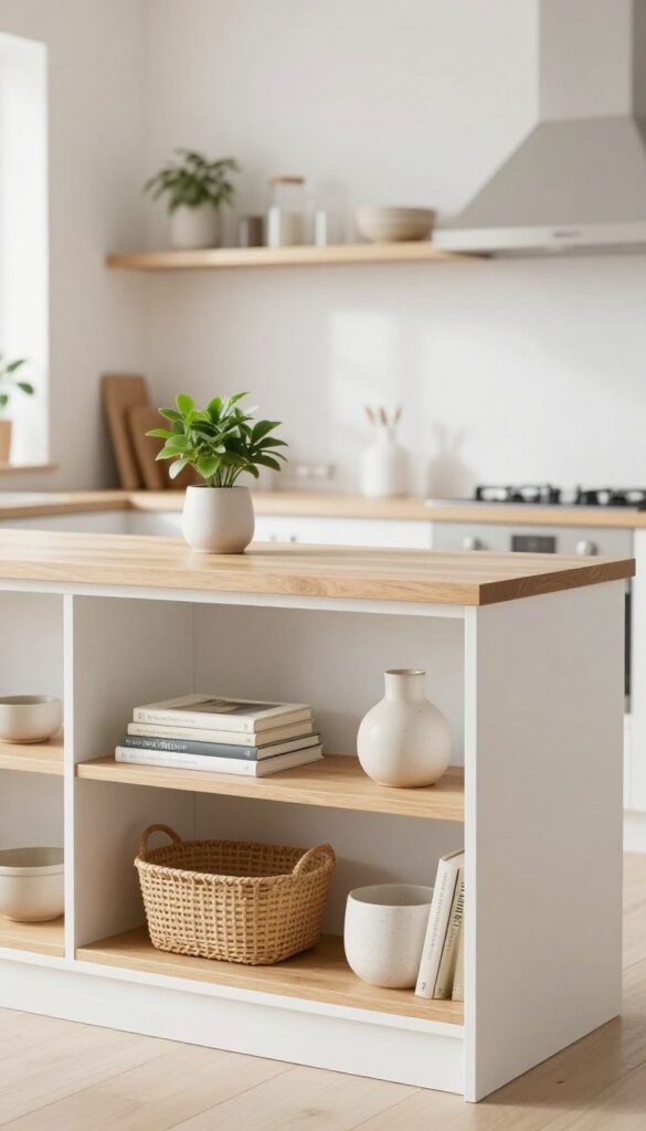 Modern kitchen island with open shelving displaying cookbooks and decor