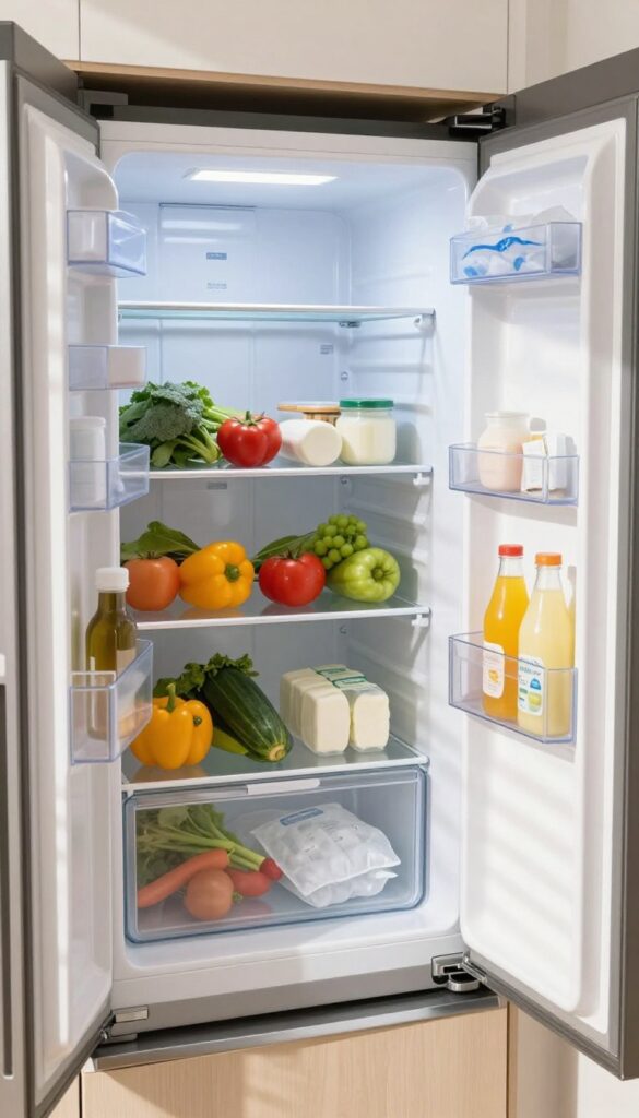 Empty refrigerator with doors open, shelves and drawers removed, food items on counter in cooler bag, bright natural light, clean and organized kitchen.