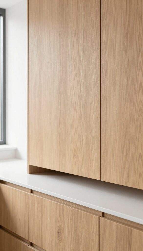 Flat-panel kitchen cabinet doors in warm natural oak wood veneer, modern minimalist style with visible wood grain and soft natural lighting