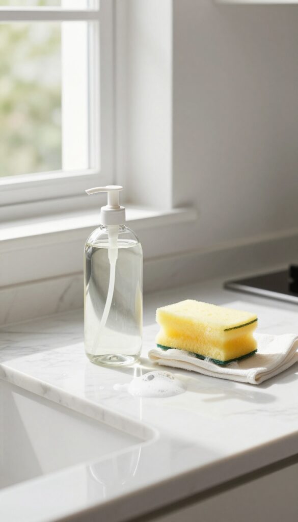 Dish soap bottle on a clean kitchen counter with a sponge and bubbles