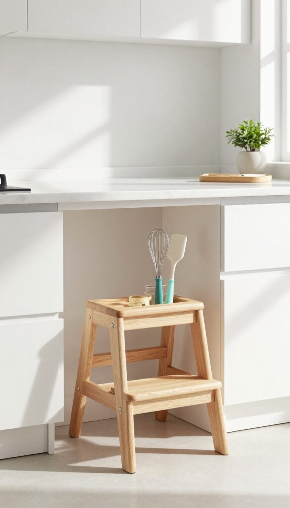 Modern kitchen with a wooden step stool that has built-in storage, holding toddler-safe kitchen tools, under a kitchen island.