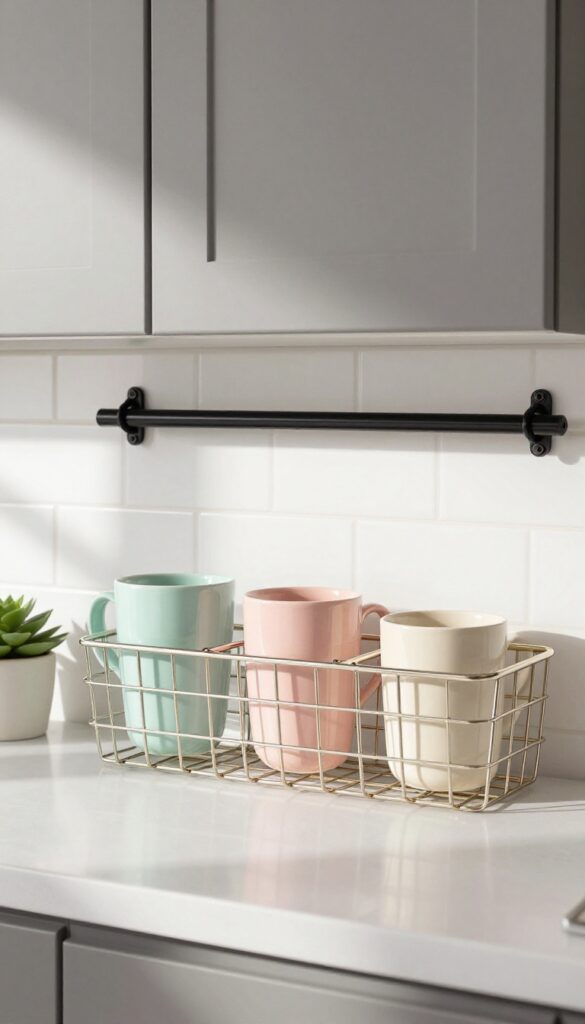 Hanging basket rail under kitchen cabinets with mugs in wire baskets, bright natural light, clean composition.