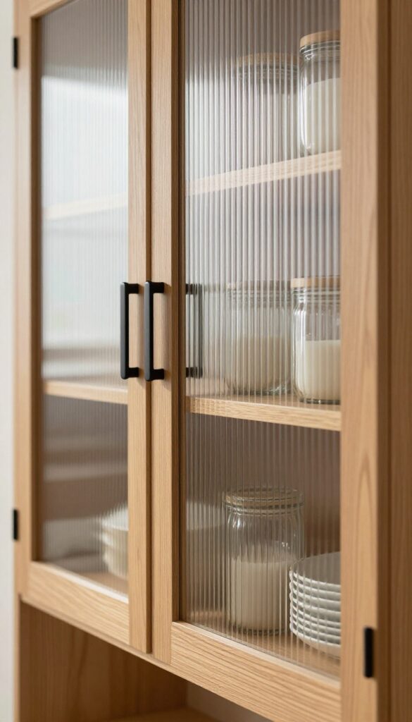 Modern kitchen cabinet with reeded glass doors, light oak frame, matte black hardware, and neatly organized contents visible through textured glass.