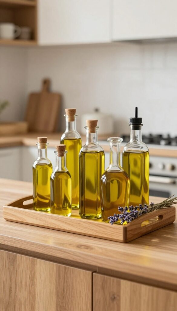 Decorative apothecary bottles filled with cooking oils on a sideboard in a bright kitchen