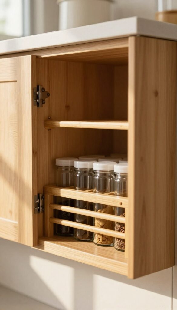 Inside cabinet door with bamboo spice rack holding labeled glass jars, organized and warm.
