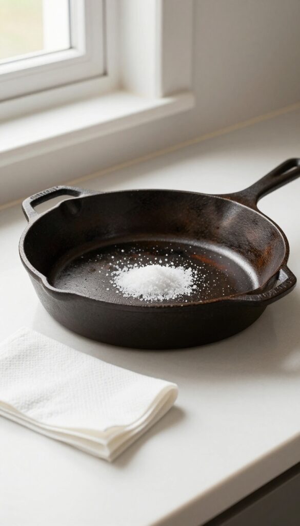 Coarse salt in a cast iron skillet with a paper towel for gentle scrubbing