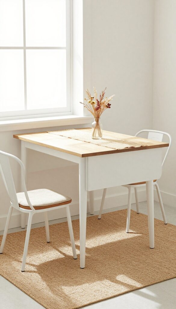 Compact white drop-leaf table in a bright kitchen with a window, dried flowers, woven runner, and a slim chair on a jute rug.