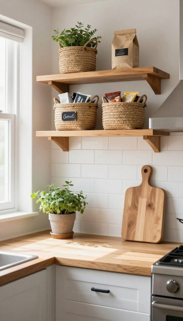 Open shelving with woven baskets in a warm and cozy kitchen