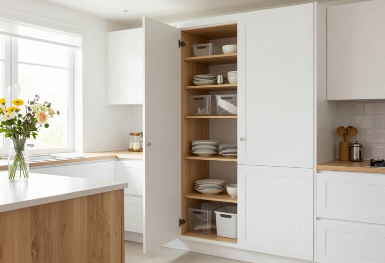Open kitchen cabinet showing organized storage with clear bins and pull-out shelves