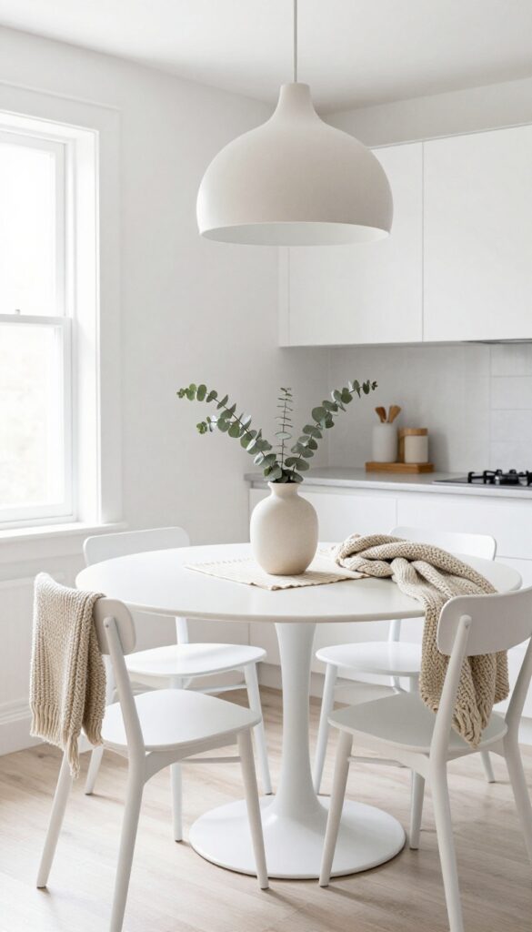 Minimalist white kitchen corner with round table, chairs, and textured decor in natural light