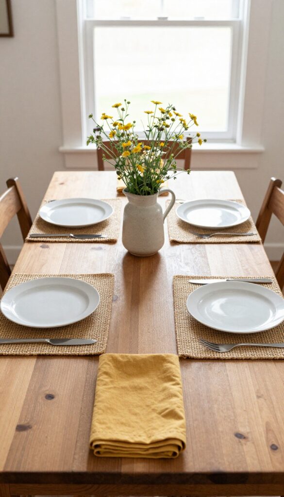 A kitchen dining table set with woven placemats, white plates, and mustard napkins, with a small flower pitcher in the center, natural light.