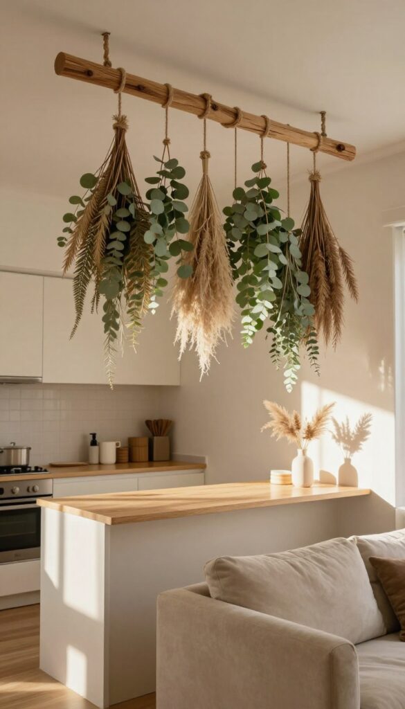 Hanging wooden rod with dried eucalyptus and pampas grass dividing kitchen and living area in a small open-concept space