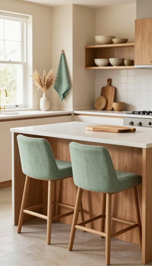 Modern kitchen island with sage green bar stools and terracotta accents