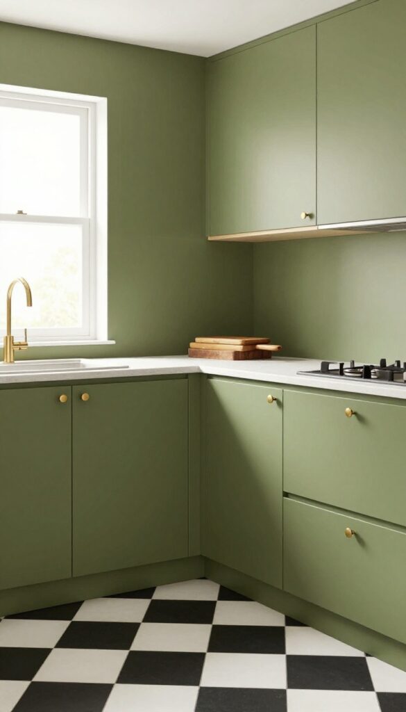 Small galley kitchen with olive green walls, black and white checkerboard tile floor, brass hardware, and open shelving.