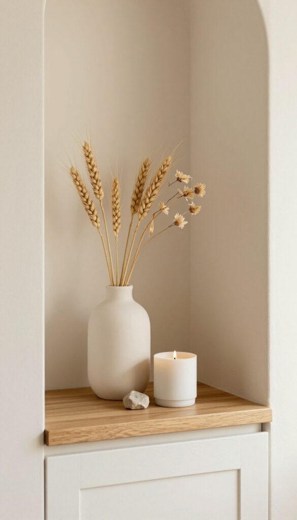 A kitchen niche styled with a ceramic vase of dried flowers, a candle holder, and a stone on a wooden slab.