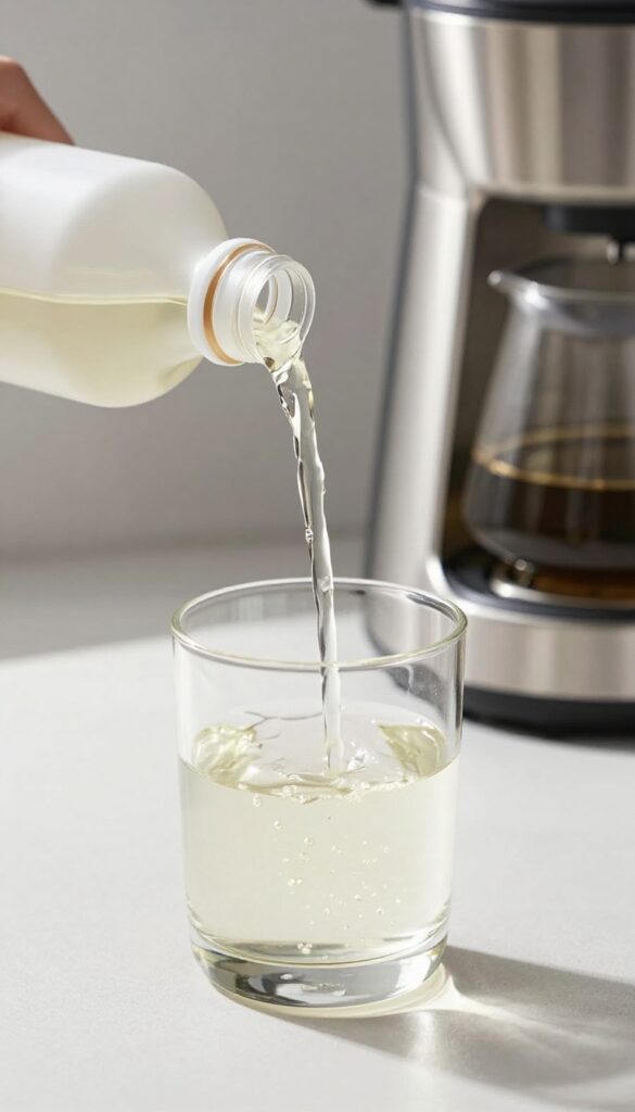 Pouring vinegar solution into coffee maker reservoir for cleaning