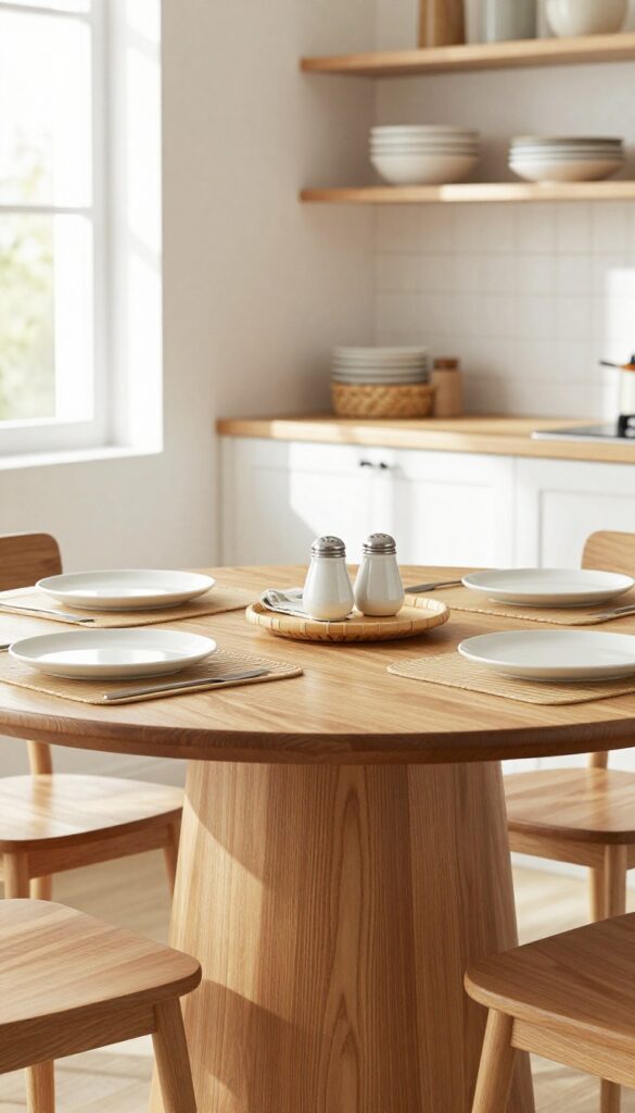 Round pedestal dining table with lazy Susan center in bright kitchen eating area