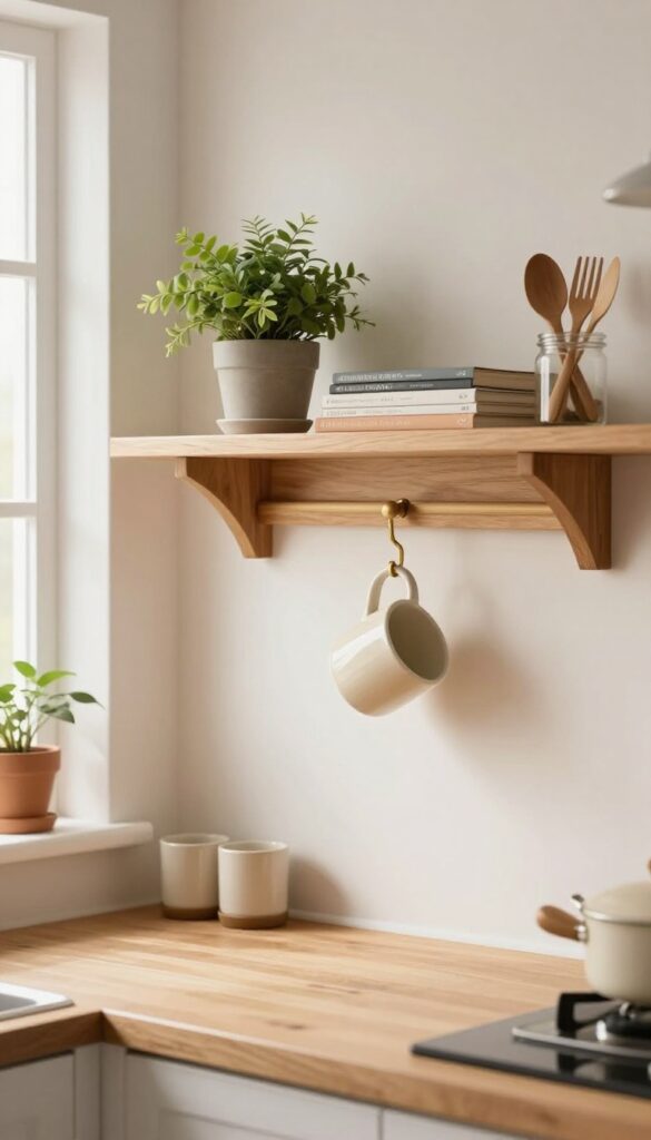 Kitchen wall shelf with a mug hanging from a hook underneath, surrounded by plants and cookbooks.